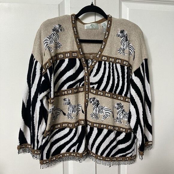 Vintage Design options 3D Zebra Cardigan Womens L Animal Print Beaded Fringe - Picture 1 of 10